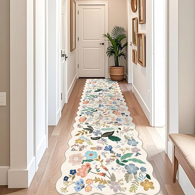 Washable 3x12 Hallway Runner Rug: Soft Floral Scalloped Runners - Image 2