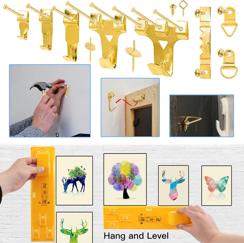 Glarks 307Pcs Picture Hanging Kit, Picture Frame Hanger Tool with Level Ruler and 306Pcs Nails, Hooks, Hanging Wire, Screw Eyes, D Ring and Sawtooth Hanger for Frame Hanging Wall Mounting