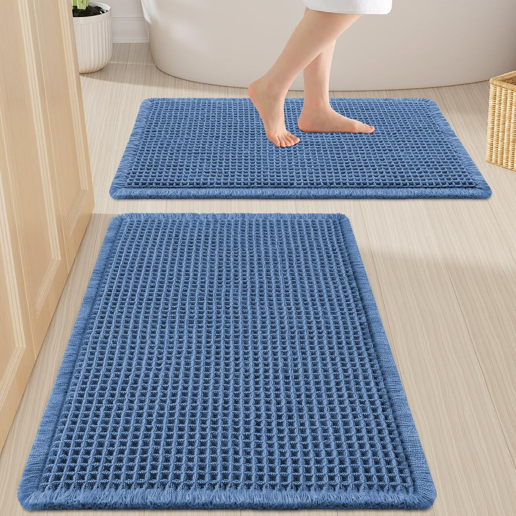 Smiry Waffle Bathroom Rugs Sets 2 Piece (30x20+24x16, Blue)