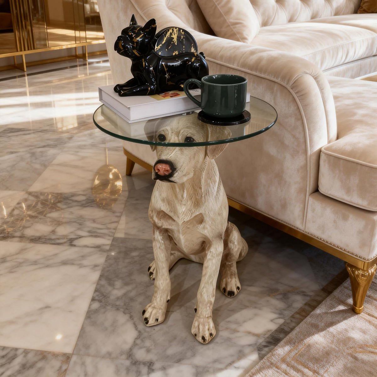 Dog Statue Side Table, 13-inch Tempered Glass Top End Table