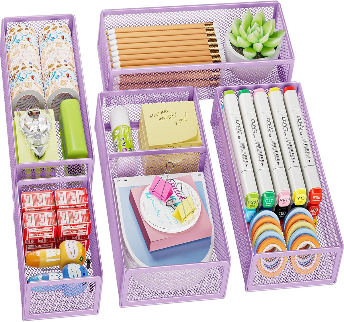 Marbrasse 5 Pack Desk Drawer Organizer Set, Mesh Drawer Storage Trays with 1 Adjustable Divider, Desk Organizers and Accessories, 5 PCS Drawer for Office Supplies, Makeup & Vanity (Purple)