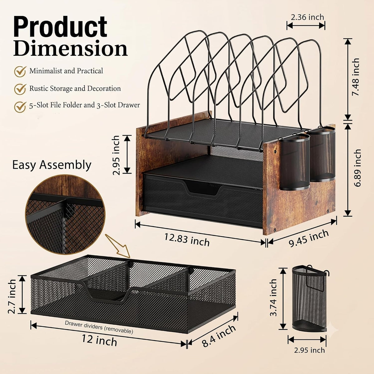 Desk Organizer with Drawer, Desktop File Organizer and Paper Tray Organizer with Vertical File Holder, Office Desk Accessories for Mail, Documents, Papers, Notebooks and Home Office Storage