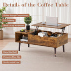 OLIXIS Wooden Coffee Table, Lift Top Coffee Table with Large Hidden Compartment and Ample Storage Shelf, Lift Tabletop Dining Table for Living Room, Home Small Space, Rustic