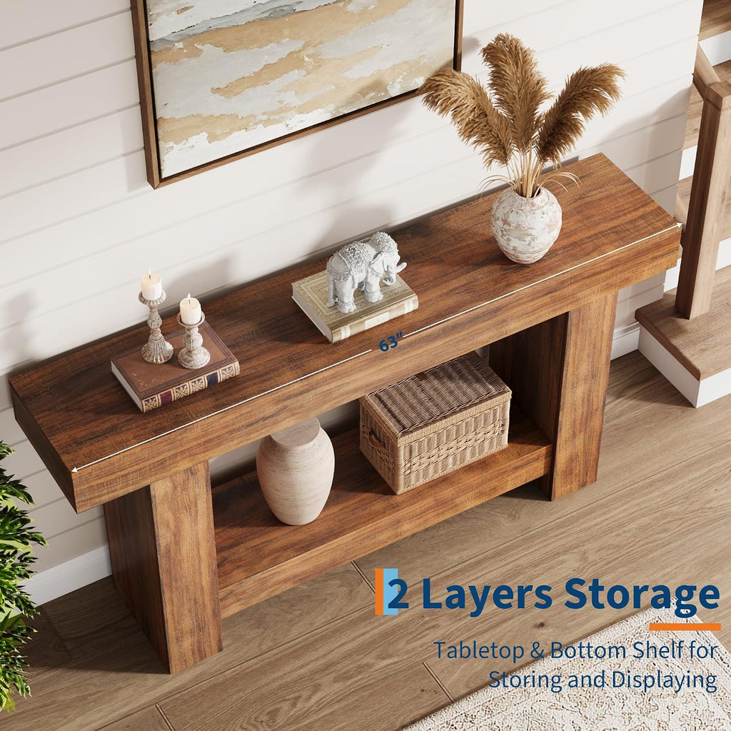 Garvee 63" Farmhouse 2-Tier Console Table for Entryway, Retro Brown