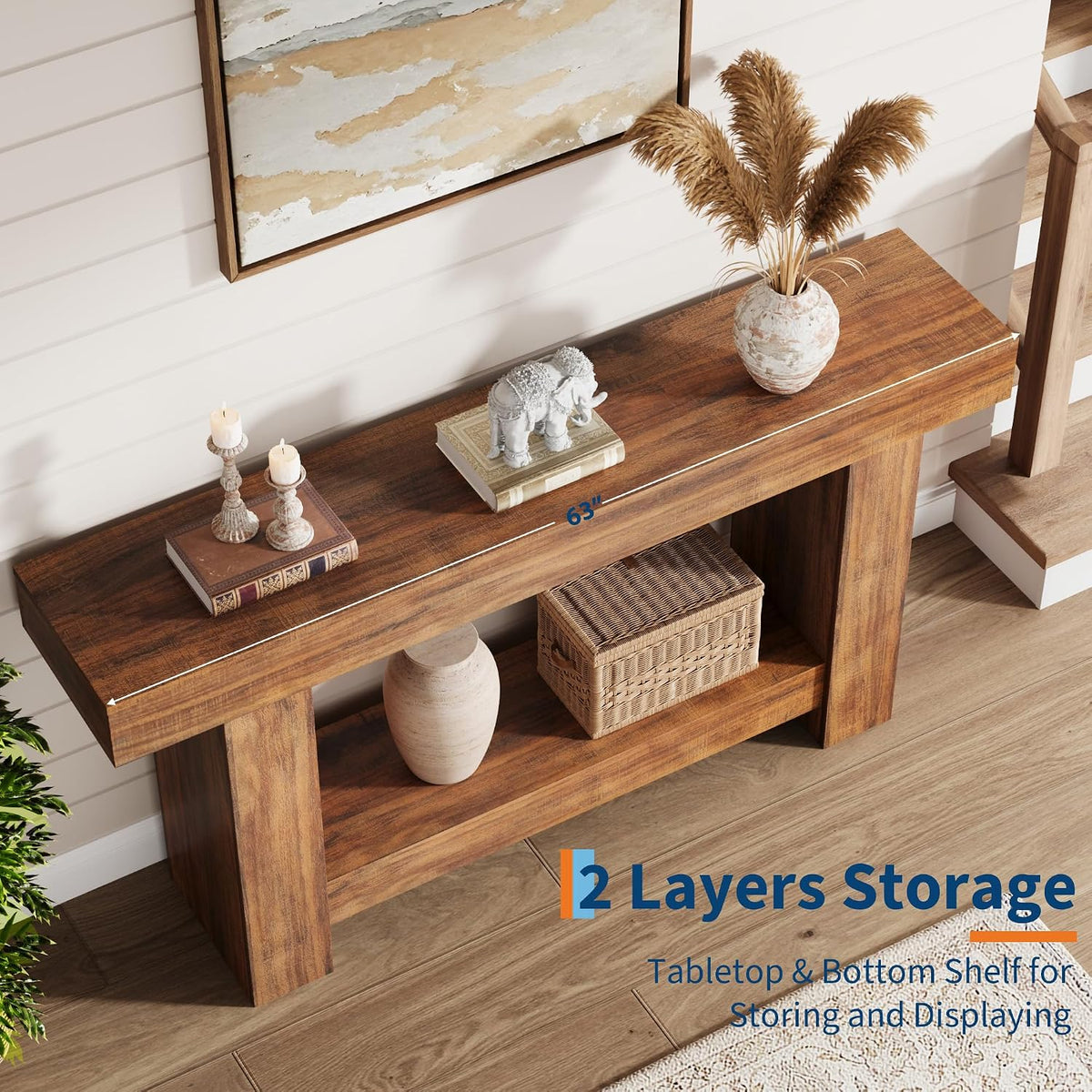 Garvee 63" Farmhouse 2-Tier Console Table for Entryway, Retro Brown
