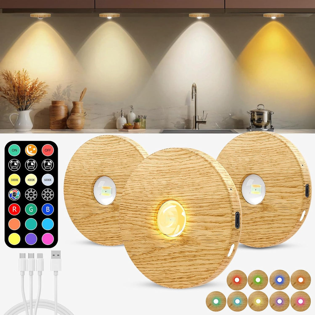 Puck lights with remote, 2000mAh rechargeable cabinet light, Under Cabinet Lighting Wireless, Display Cabinet, Dimmable Magnetic Stick-On Shelf , push lights battery operated，(Wood Color, 3 Pcs)