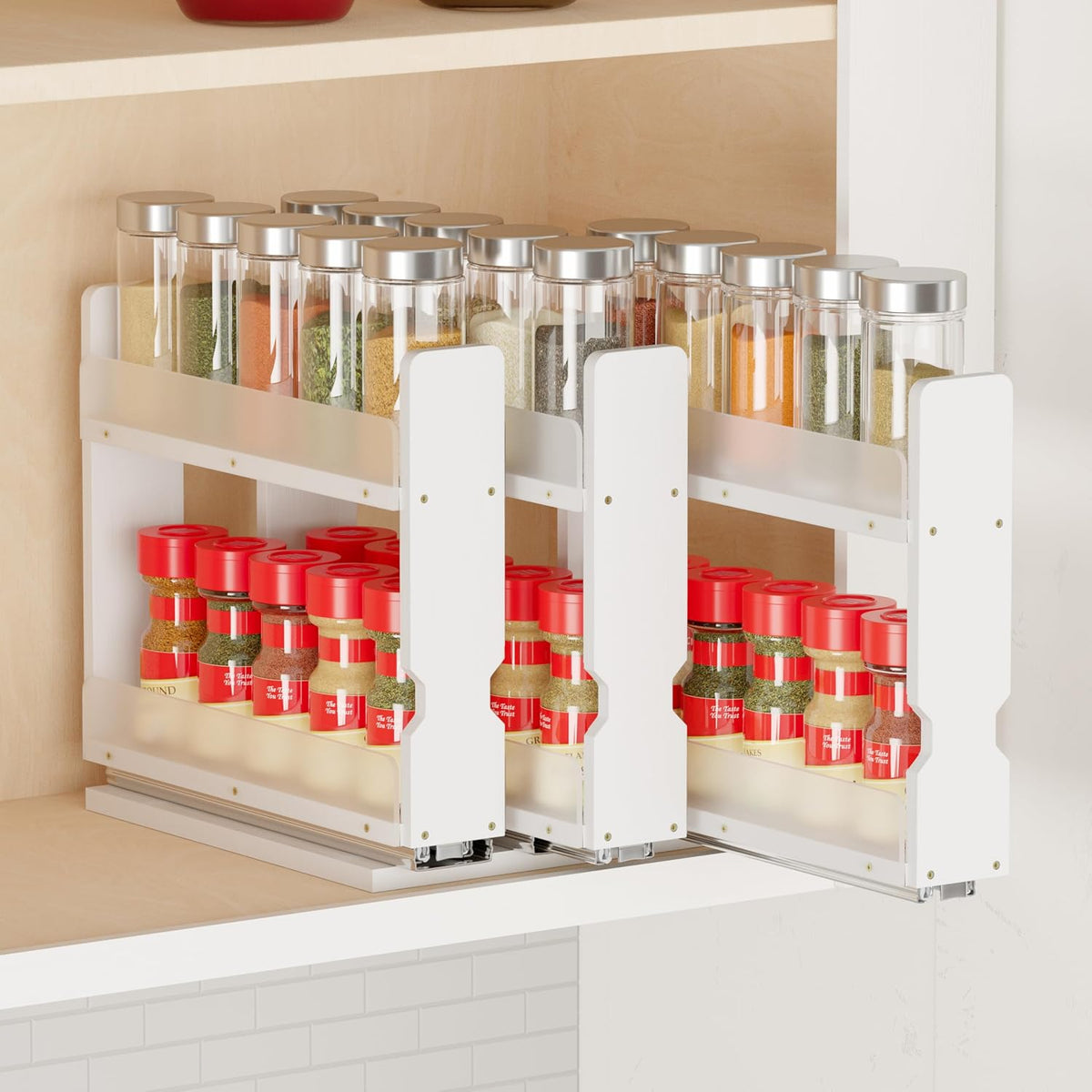 SpaceAid Bamboo Pull Out Spice Rack Organizer for Cabinet, Heavy Duty Slide Out Seasoning Kitchen Pantry Sliding Vertical Organization, 7.6" Wide, 3 Drawers(2" Wide), 2-Tier, White