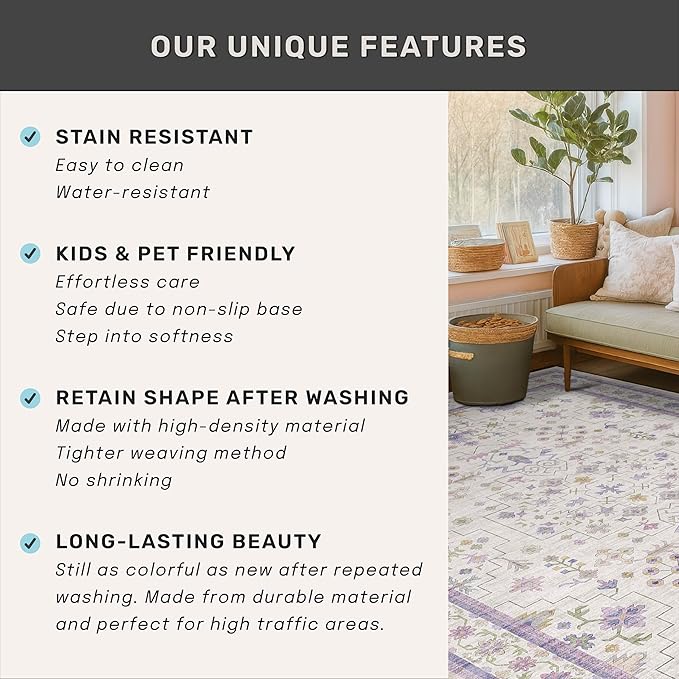 Light Purple Rug for Girls Bedroom, 5x8 Washable Floral Area Rug for Nursery - Image 5