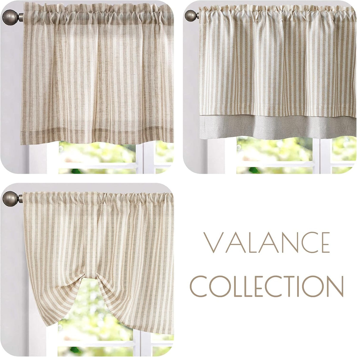 jinchan Stripe Linen Kitchen Valance Curtain, 50x16, 1 Panel, Taupe