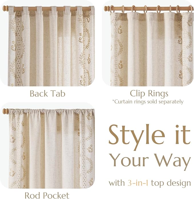 jinchan Belrose Linen Curtains for Bedroom Floral Curtains 72 Inch Length Linen - Image 6