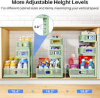 Under Sink Organizer, 3-Tier Thickened Metal Pull out Cabinet Organizer Shelf, Height Adjustable Slide out Storage Drawer Rack for Kitchen Bathroom Pantry Laundry Home Organization, 2-Pack, Green