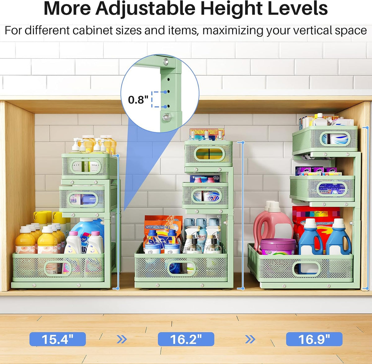 Under Sink Organizer, 3-Tier Thickened Metal Pull out Cabinet Organizer Shelf, Height Adjustable Slide out Storage Drawer Rack for Kitchen Bathroom Pantry Laundry Home Organization, 2-Pack, Green
