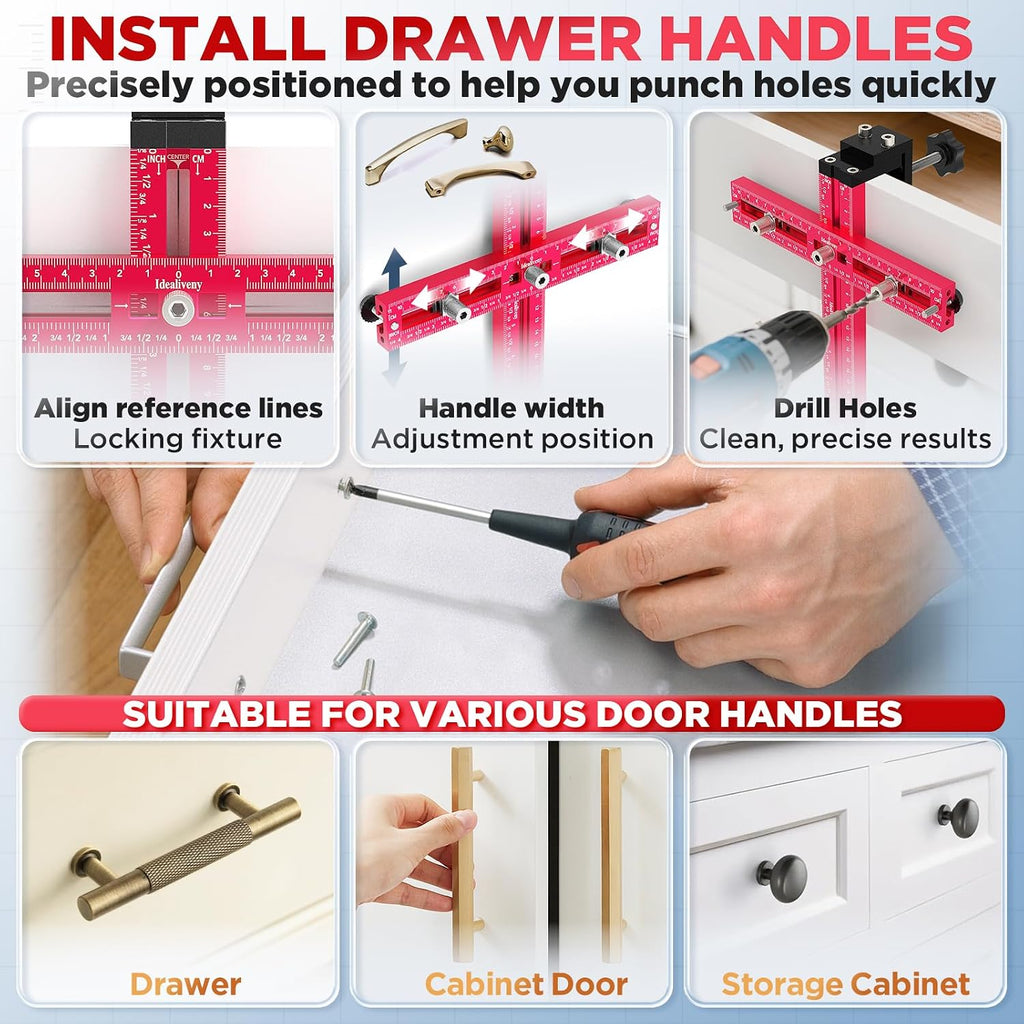 Cabinet Hardware Jig – Adjustable Drill Guide Template for Knobs & Handles Precision Hole Locator for DIY Cabinet Installation Fits 2.5" to 7.5" Spacing
