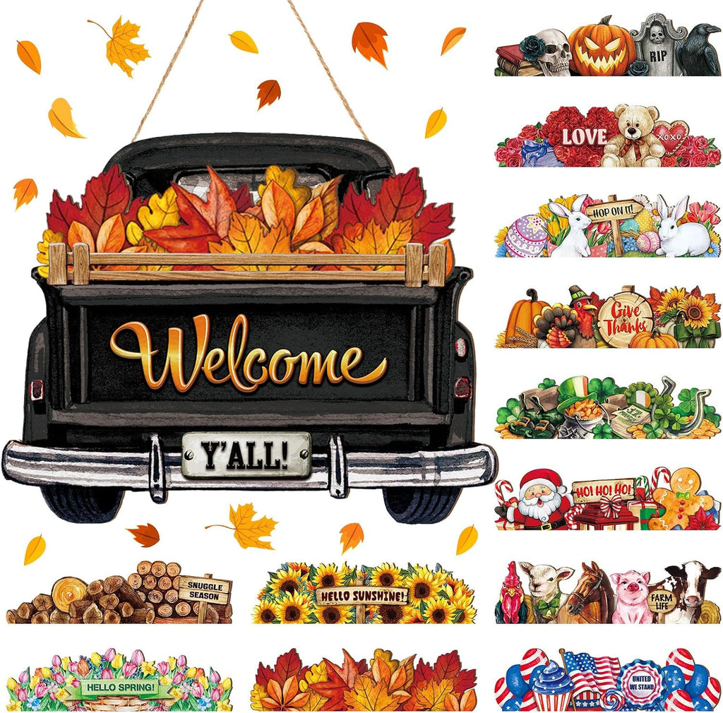 Ferraycle 13 Pcs Interchangeable Welcome Sign Halloween Seasonal Black Truck Decor Door Signs with 12 Holiday Icons Rustic Farmhouse Interchangeable Holiday Decor