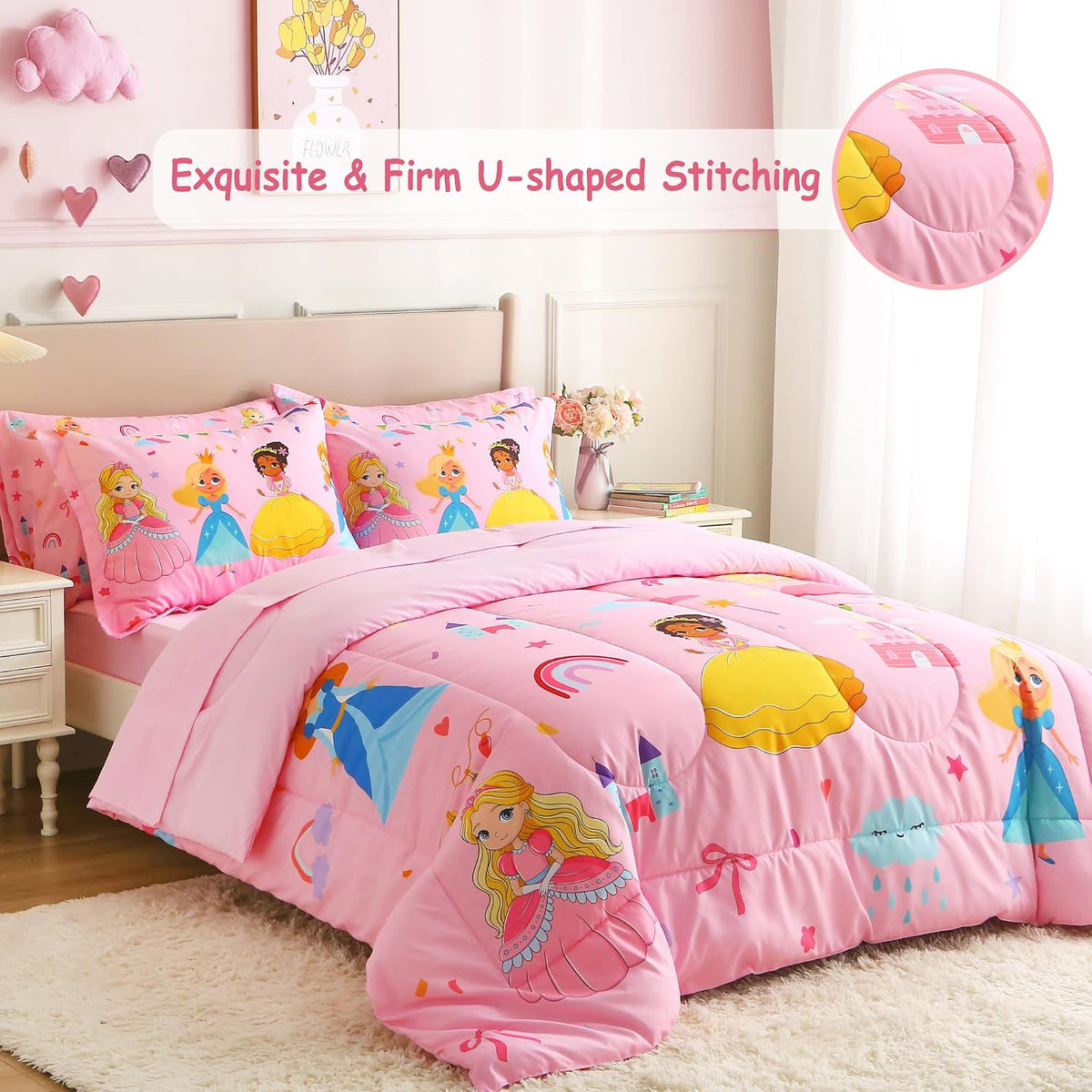 lasoftan Kids' Princess Bedding Set, Pink Princess, Full, 7-Piece