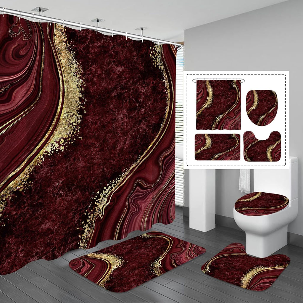 4 Pcs Luxury Marble Shower Curtain Set with Non-Slip Rugs, Toilet Lid Cover and Bath Mat, Gold Foil Brown Bathroom Decor Set with Shower Curtain and Rugs and Accessories