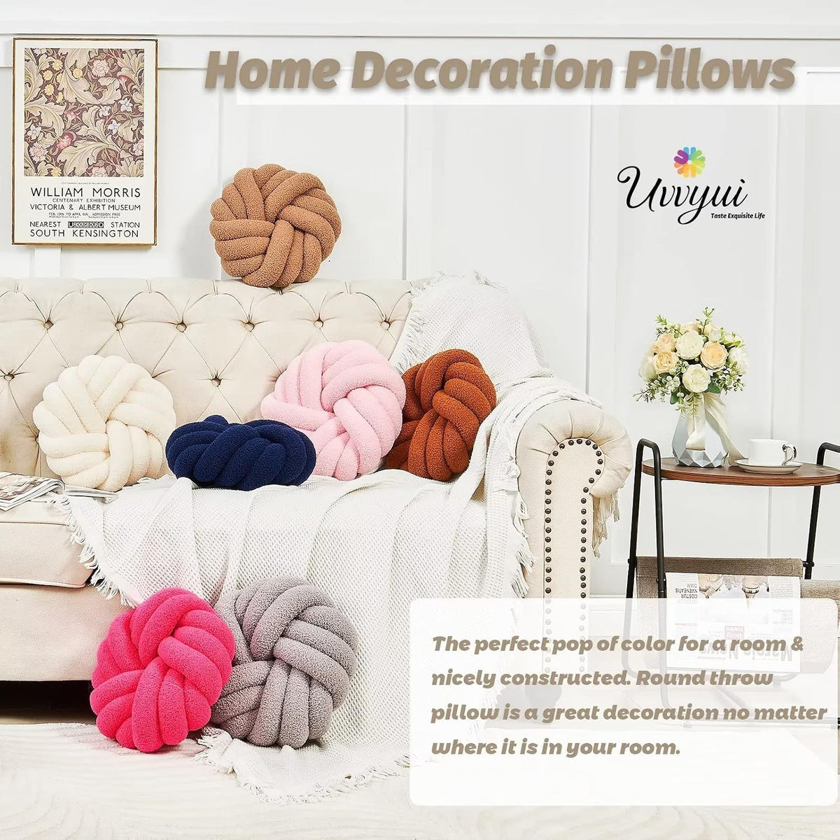 Uvvyui Knot Pillows, 14 Inch Decorative Throw Pillows Round Pillows Cushion, Soft Handmade Knotted Ball Pillow Plush Cushion Home Decor for Bed Couch Living Room (Ivory, 14 Inch)
