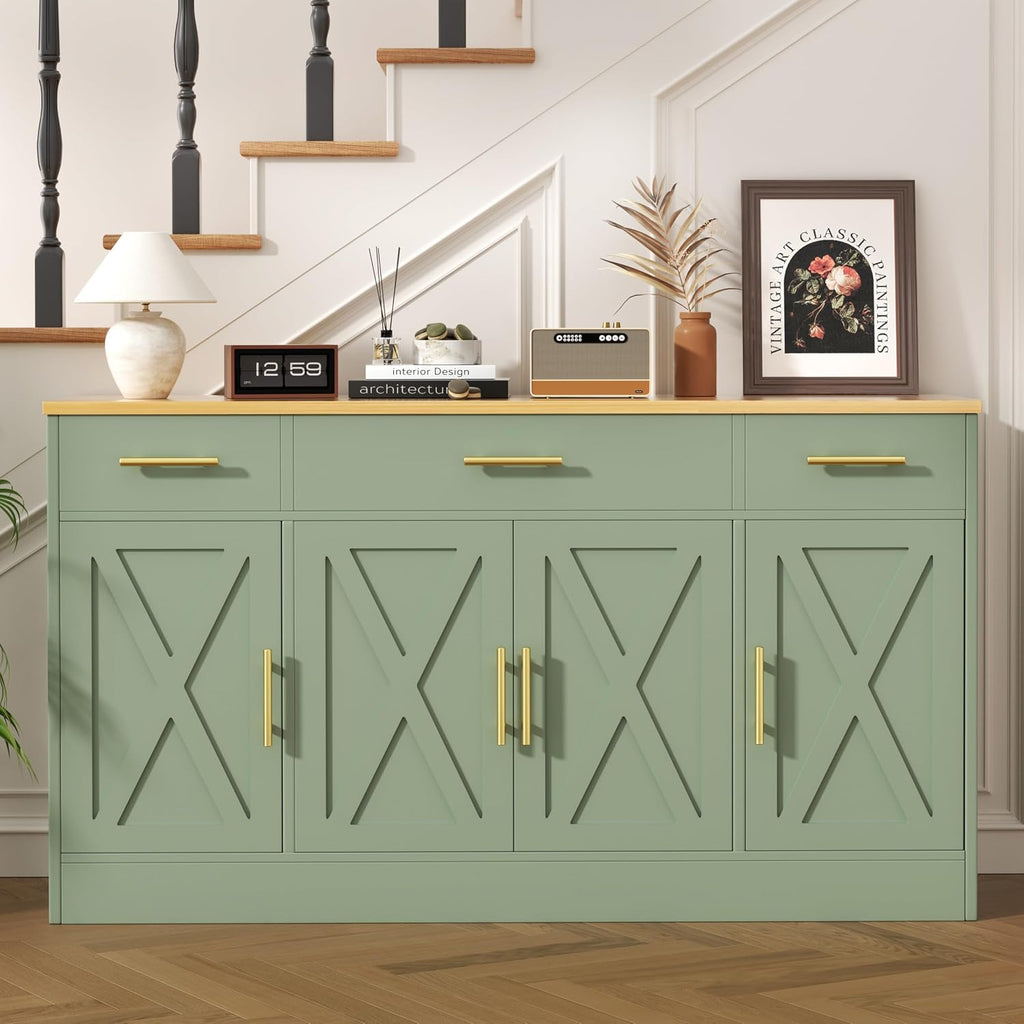 Vongrasig Buffet Cabinet with Storage, Farmhouse Coffee Bar Table with Drawers, 53” Large Modern Sideboard Buffet with Adjustable Shelves, Wood Buffet Table for Kitchen, Dining Room, Green