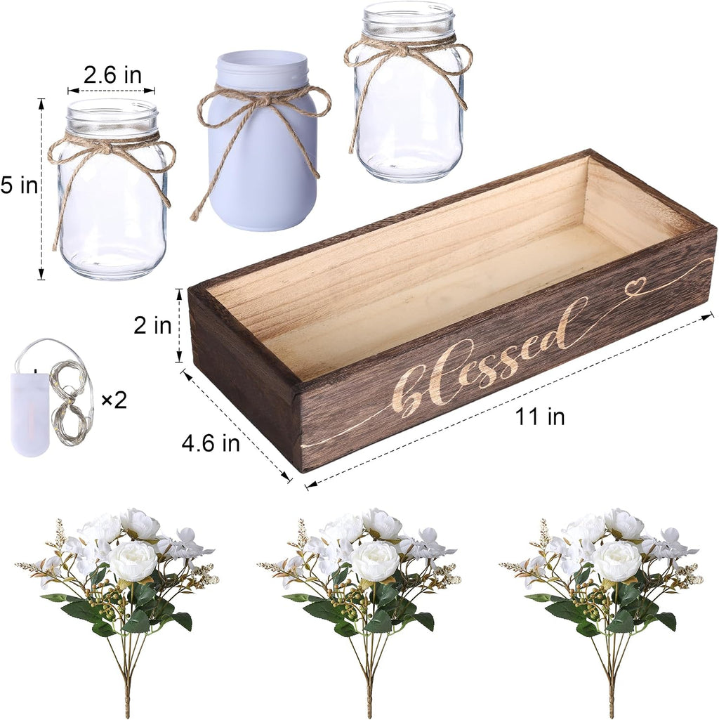 3 Pcs Mason Jar Table Centerpieces for Dining Room with Wood Tray&Led Light