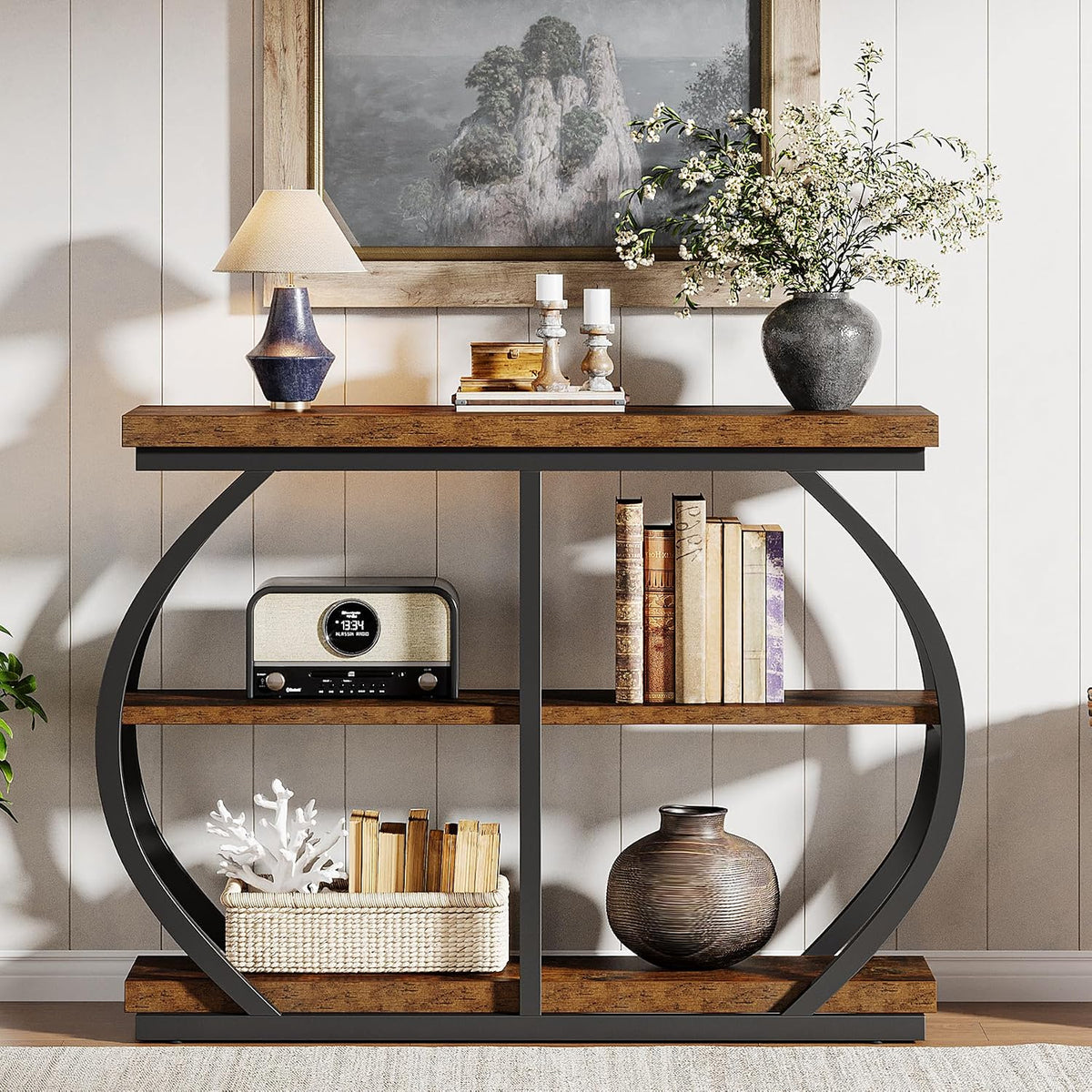 Tribesigns 41.3" Console Table, Industrial 3-Tier Entryway Table with Arched Metal Frame and Storage Shelves for Living Room, Hallway, Rustic Brown