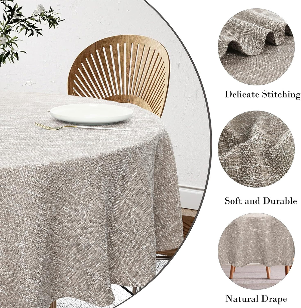 Rakila Linen Textured Round Tablecloth Solid Color Cotton Linen Heavy Duty Fabric Water Resistant Table Cover for Dining, Farmhouse, Kitchen, Tabletop Decoration (48inch, Light Gray)