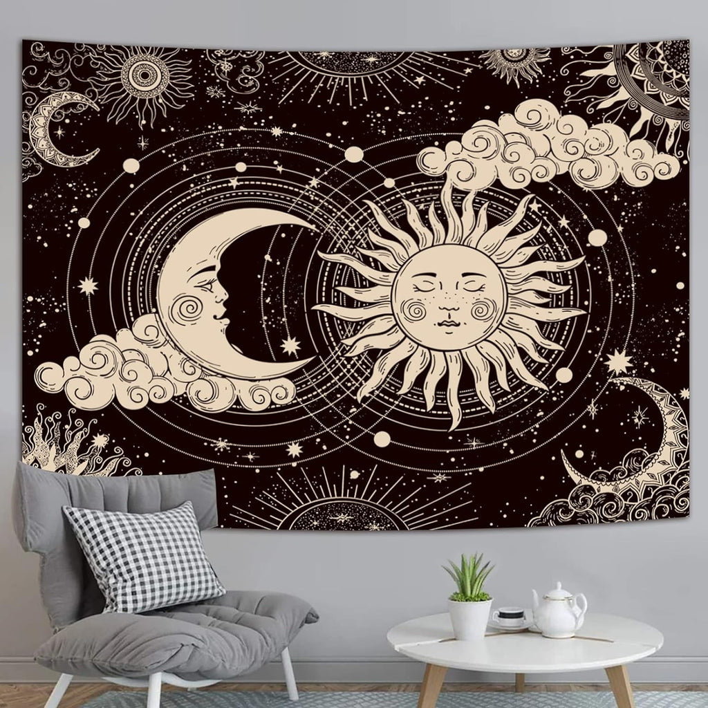 Wonrizon Sun and Moon Tapestry, Aesthetic Black Dark Spiritual Tapestries Mystic Burning Sun with Clouds Star Wall Hanging decor for Bedroom (59.1" x 82.7")