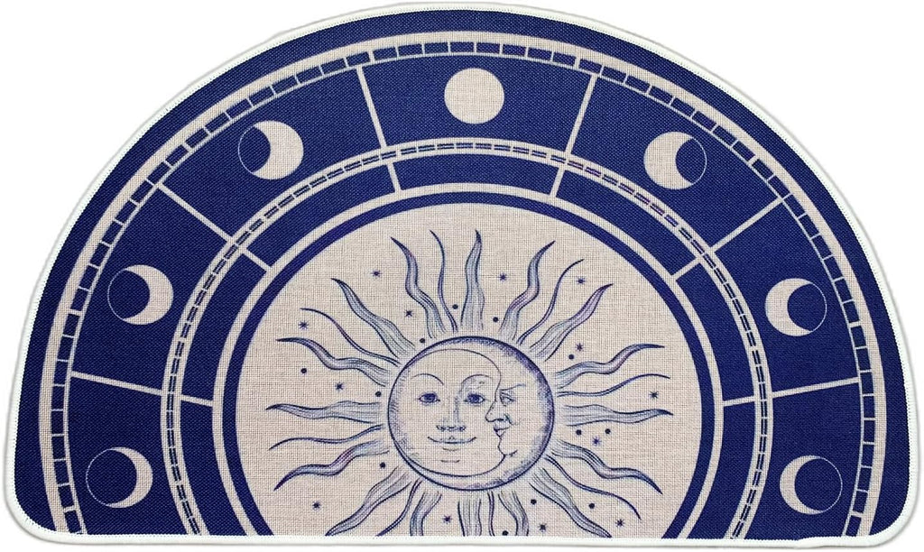 Semi Round Boho Sun and Moon Bathmat Fun Bath Mat Non Slip Washable Bathroom Decor Half Circle Bohemian Home Floor Doormat Semicircle Indoor Rug (Gold, No Fluff)