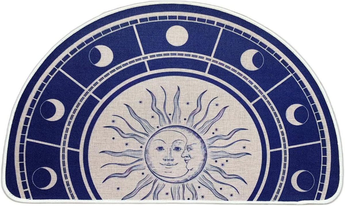 Semi Round Boho Sun and Moon Bathmat Fun Bath Mat Non Slip Washable Bathroom Decor Half Circle Bohemian Home Floor Doormat Semicircle Indoor Rug (Gold, No Fluff)
