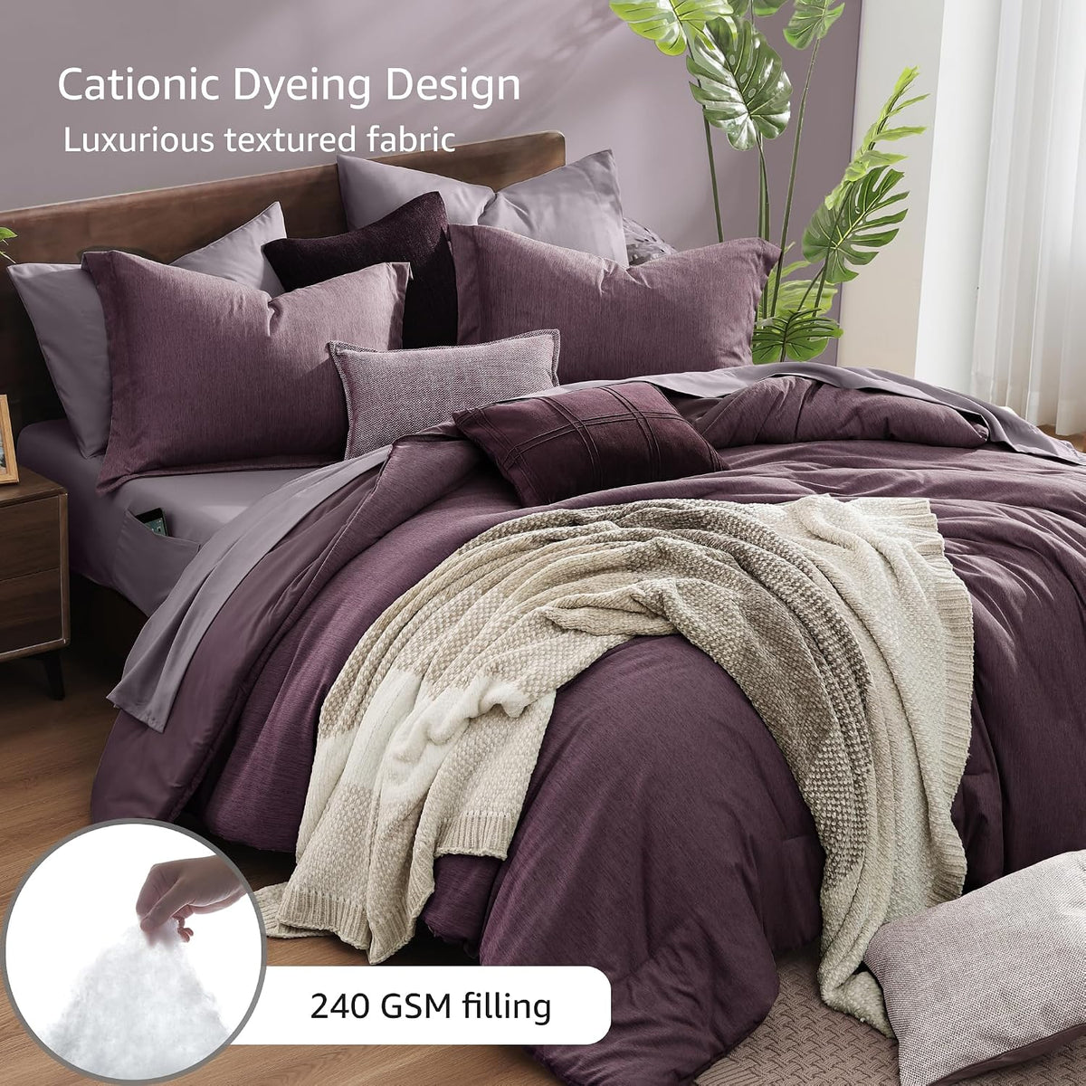 Monbix Queen Size Comforter Set 7 Pieces Italian Plum Bed in a Bag