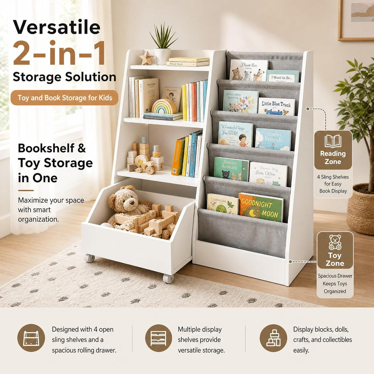 Kids Bookshelf and Toy Storage - Wooden Toddler Book Shelf with Drawer