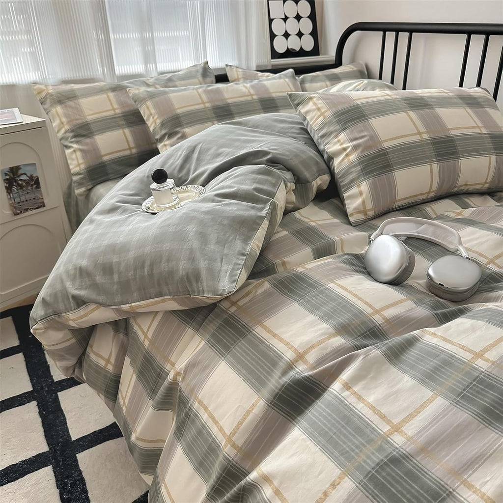 mixinni Full Comforter Set Green Geometric Checkered Plaid Bedding Comforter Set Men Boys Modern Style All Season Soft Fluffy Lightweight Bedding Set-Full Size