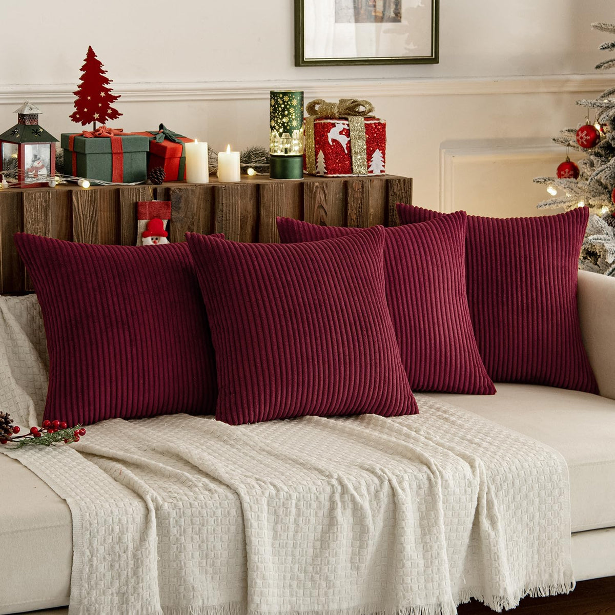 MIULEE Soft Corduroy Christmas Throw Pillow Covers Burgundy 18x18