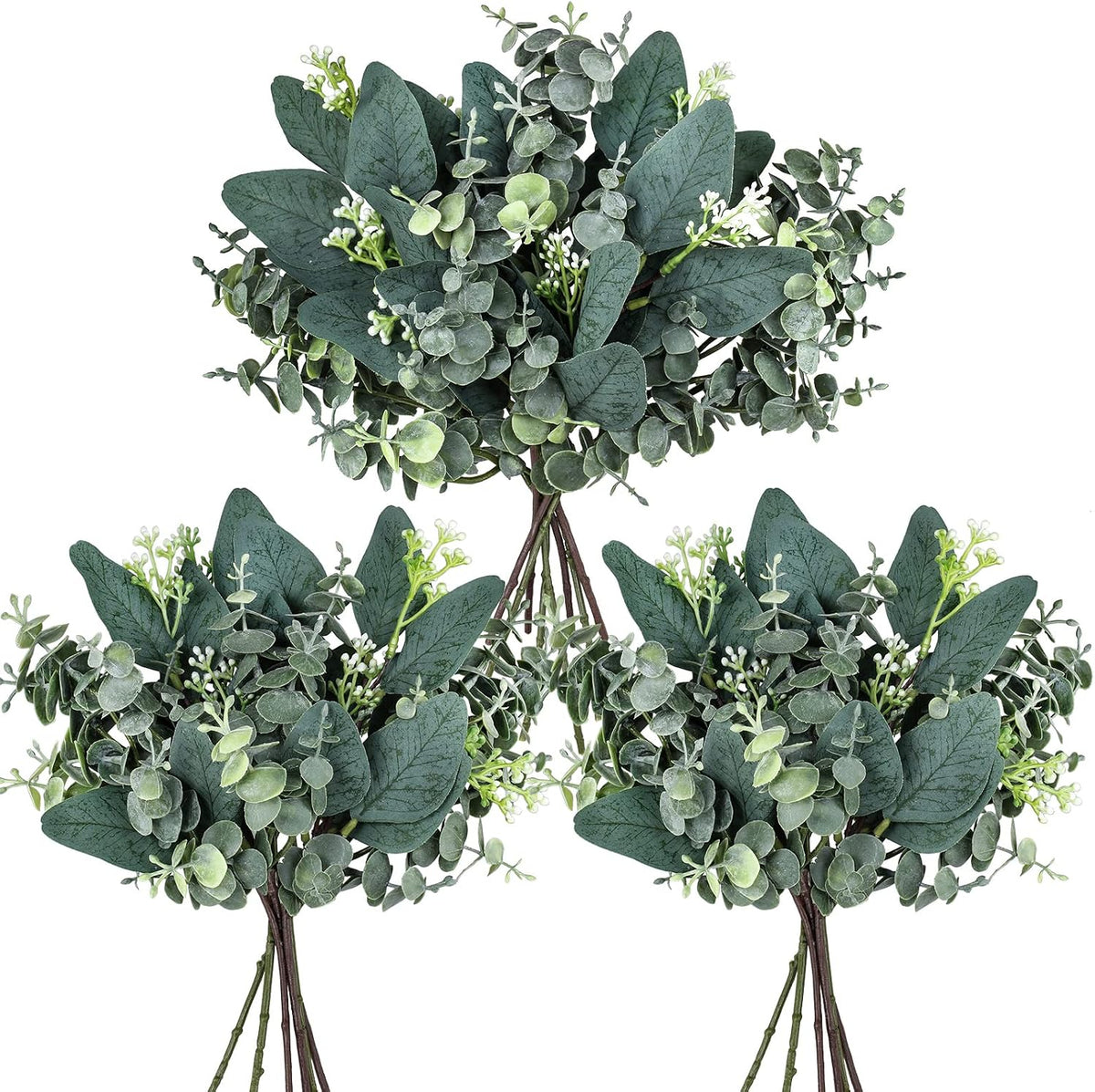 Winlyn 20 Pcs Mixed Artificial Oval Eucalyptus Leaves Bulk with White Seeds Stems and Spray for Vase Floral Wreath Bouquets Wedding Greenery Decoration