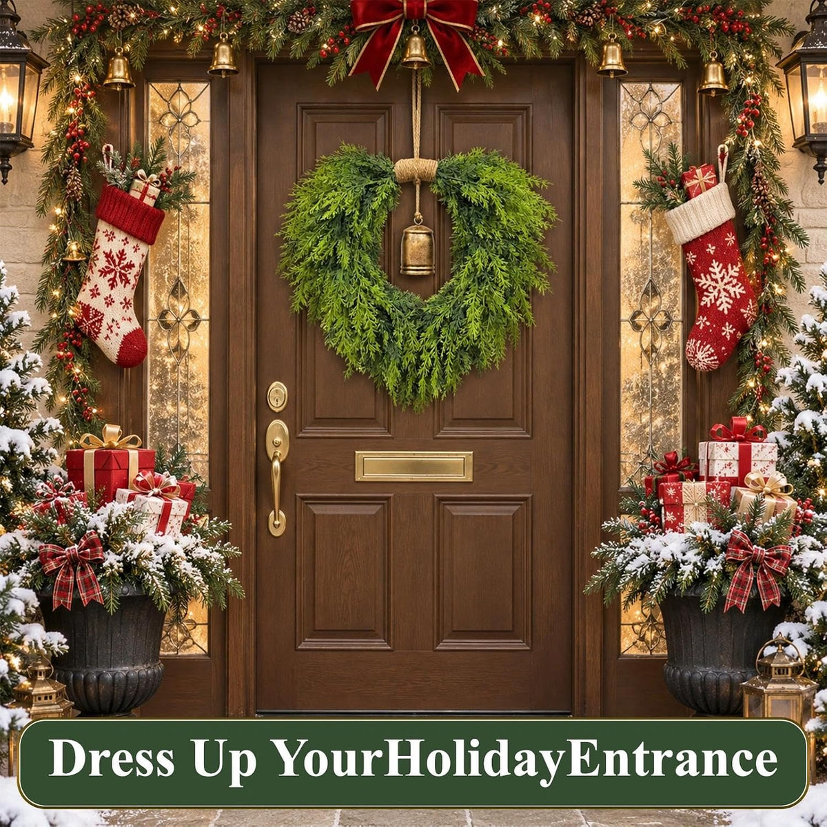 Heart Shaped Christmas Wreath for Front Door, Artificial Norfolk Pine and Cedar Greenery with Rustic Jute Rope and Vintage-Style Bell, Indoor and Outdoor Holiday Decor