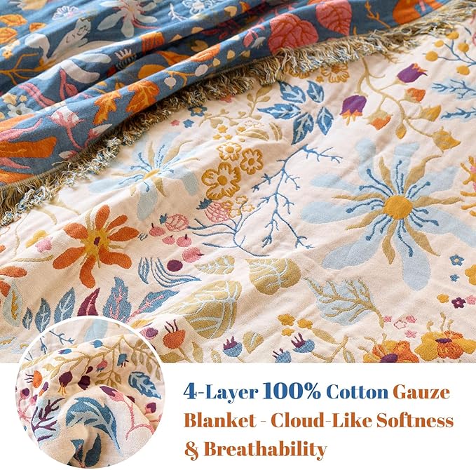 MSGKV Boho Throw Blanket for Couch 100% Cotton 50"x60" Floral Blanket Sofa - Image 3
