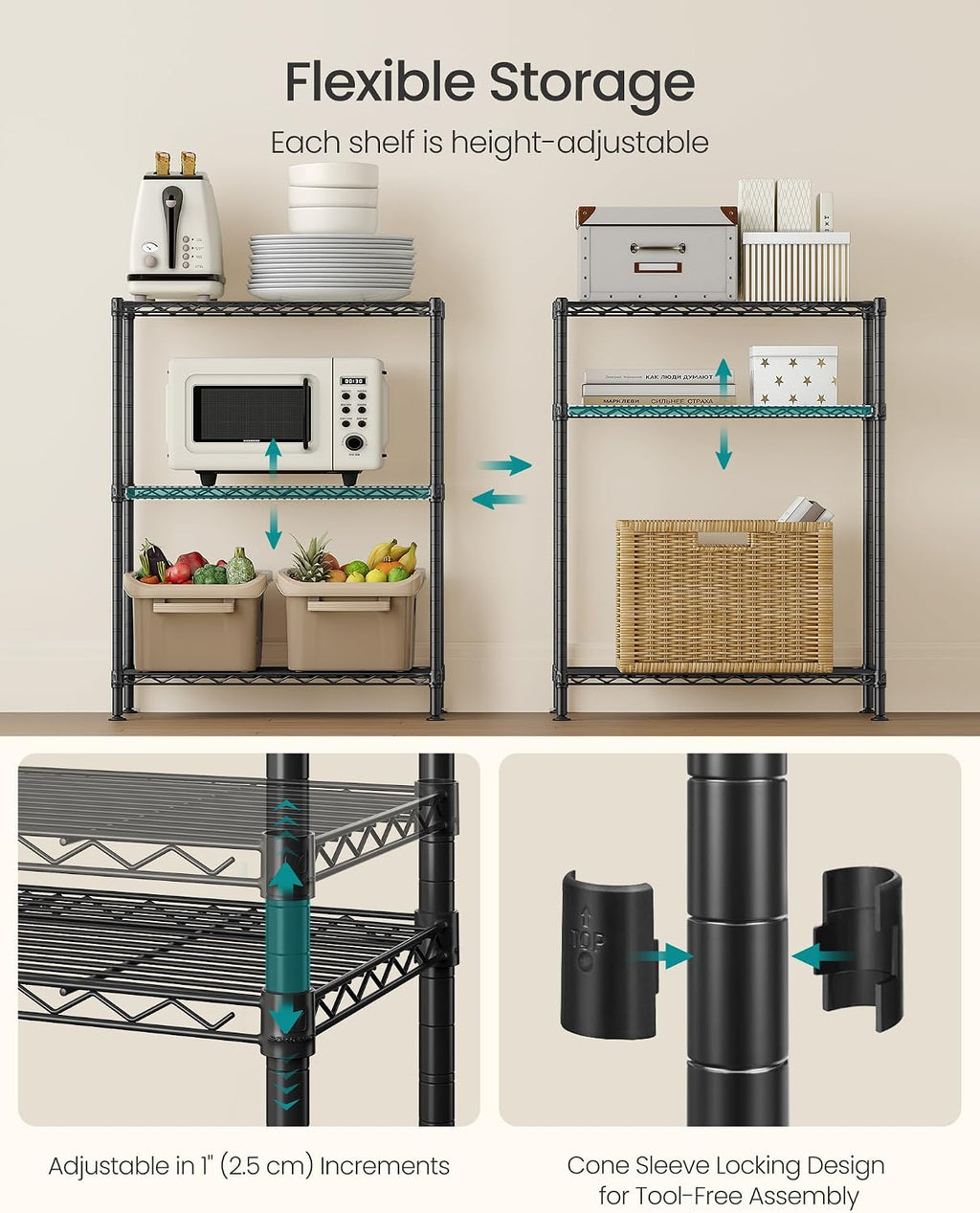 SONGMICS 3-Tier Storage Shelves, Adjustable Wire Shelving Unit, 8 Hooks