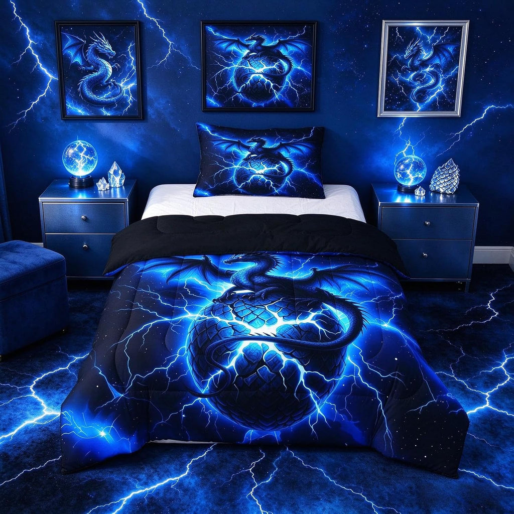 Feelyou Dragon Kids Comforter Set Twin Size Chic Outer Space Starry Sky Bedding Set ungle Animals Dragon Duvet Quilt for Kids Boys Girls Bedroom Black Blue Decor Microfiber Ultra Soft Breathable