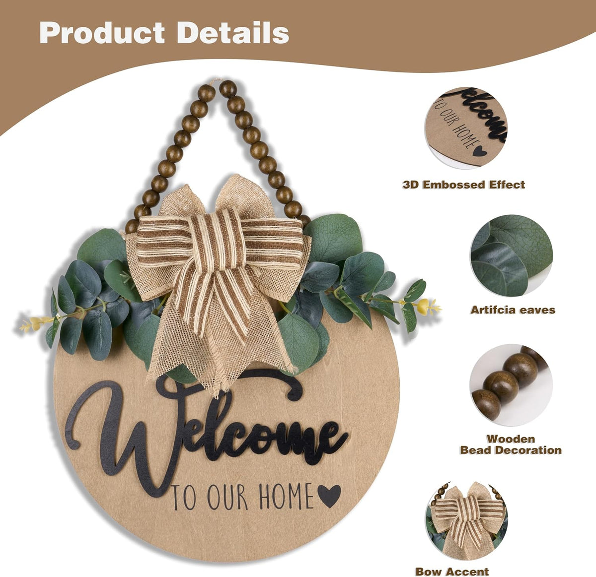 Condorpasea 3D Welcome Sign for Front Door | Home/Farmhouse Porch Décor Wooden Hanging Sign with Artificial Leaves and Rustic Beads | Christmas Classroom |12" Round