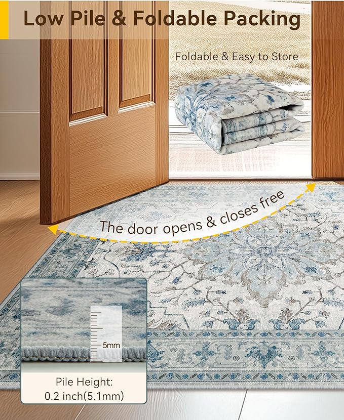Area Rugs 6'x8' Washable Non-Slip, Floral Vintage Distress Print Pattern - Image 3