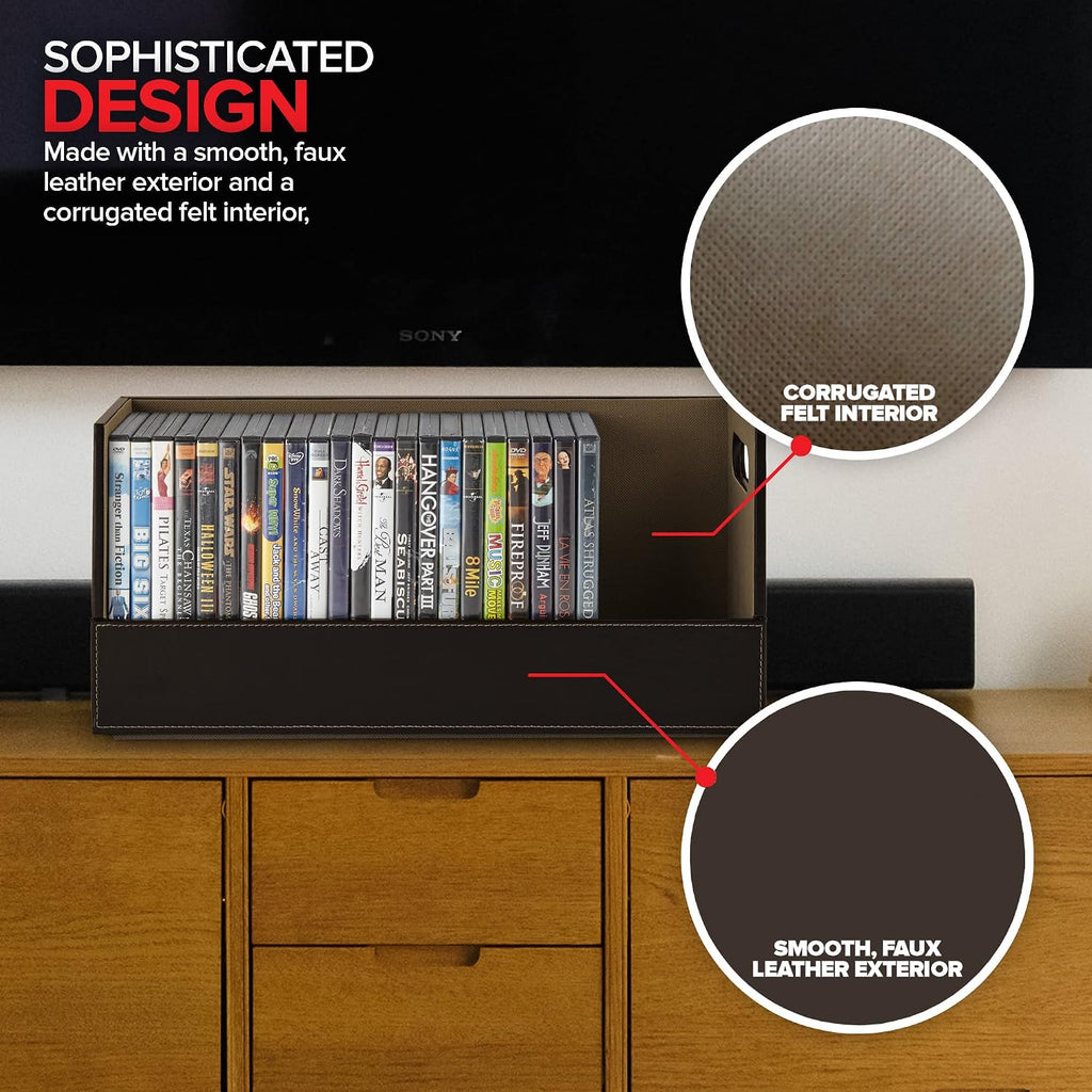 Stock Your Home DVD Storage Box, Movie Shelf Organizer for Blu-Ray, Video Game Cases, CDs, VHS Tape Display Stand, Disc Holder Can Store Up to 28 DVDs, Faux Leather (Espresso)