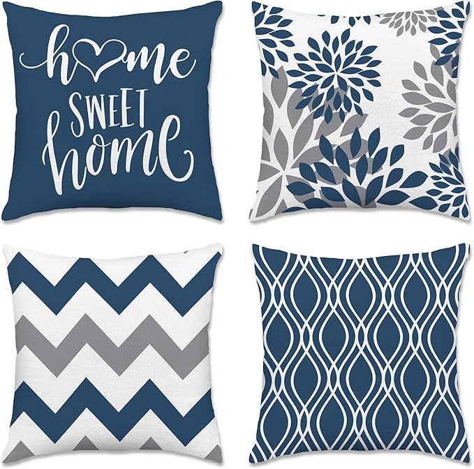 Hexagram Geometric Blue Pillow Covers 18x18 Set of 4, Decorative Outdoor Boho by Hexagram