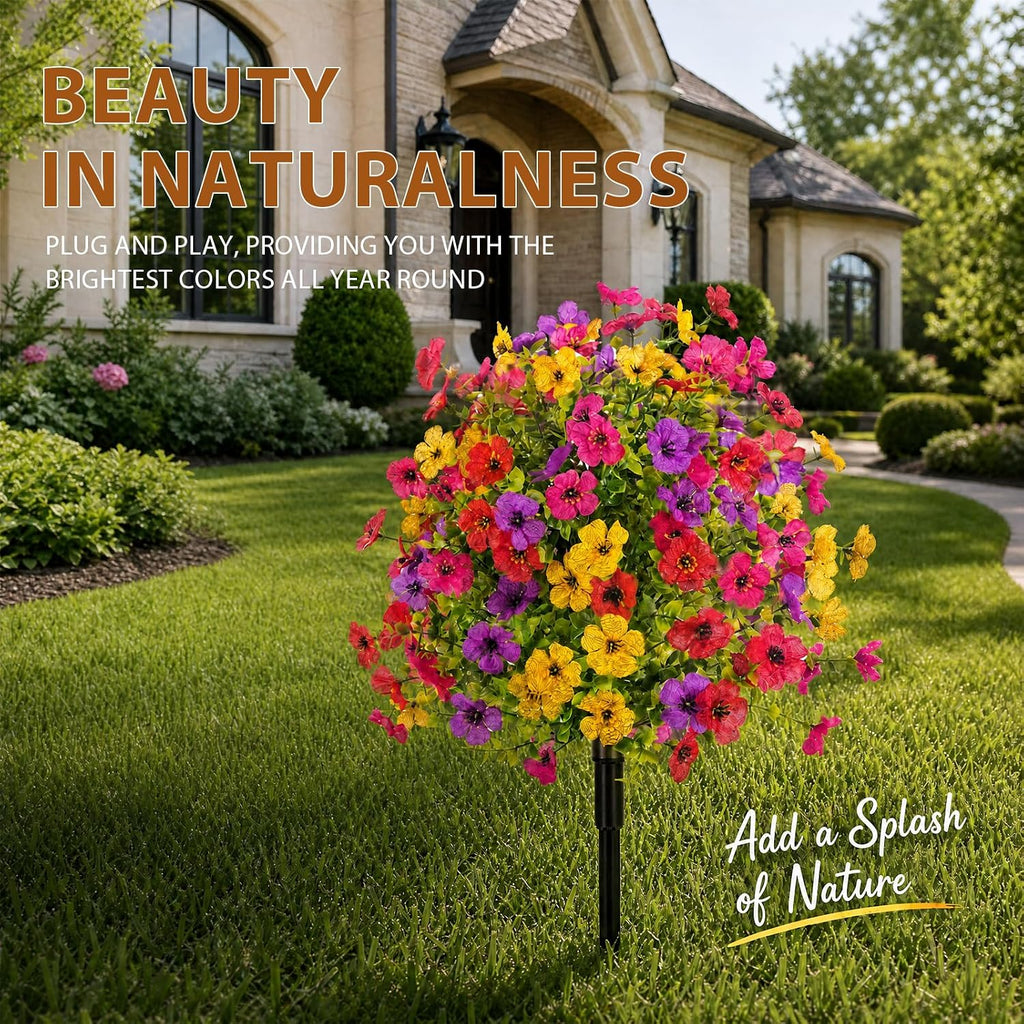 22 Inch Artificial Flowers and Shrubs with Stakes for Outdoors, 4 Colors Mix, 165 Blooms Per Stem, Vibrant Color & No Fade, Heavy‑Duty Stakes for Yard Lawn Patio All‑Season Decor (2Pcs)