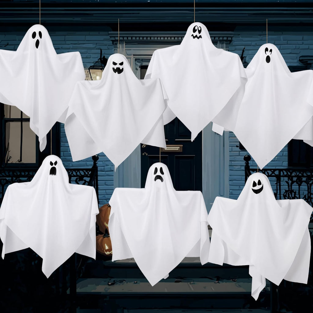 JOYIN 7 Pcs Halloween Hanging Ghost Decorations Outdoor, 19.6” Flying White Ghosts Decor for Halloween Tree Front Yard Patio Lawn Garden Party and Holiday Décor