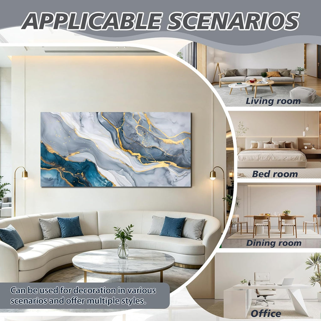 Blue and Gray Abstract Gold Fluid Canvas Wall Art for Living Room 20"X40"