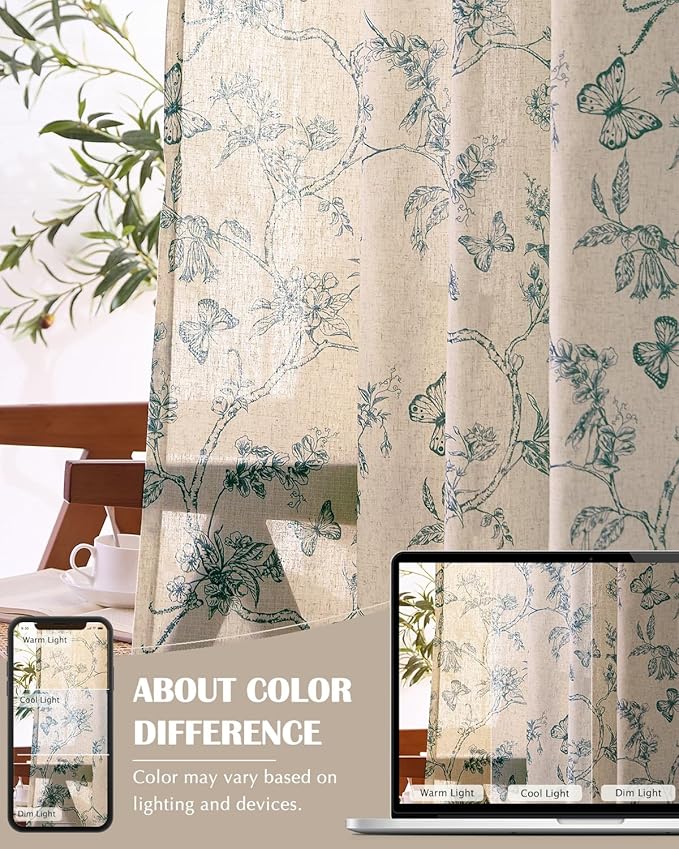 jinchan Floral Linen Curtains for Living Room 84 Inch Length Butterfly Curtain - Image 7
