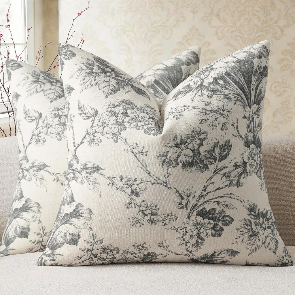 Buenohuas Farmhouse Decorative Pillow Covers 20x20 Set of 2, Vintage Botanical Floral Patterned Cushion Covers for Sofa Couch Chair Bed Living Room Home Decor Accents, Charcoal Gray