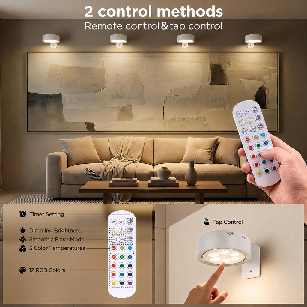 4-Pack Picture Lights for Wall, Rechargeable Wireless Poster Lights, White