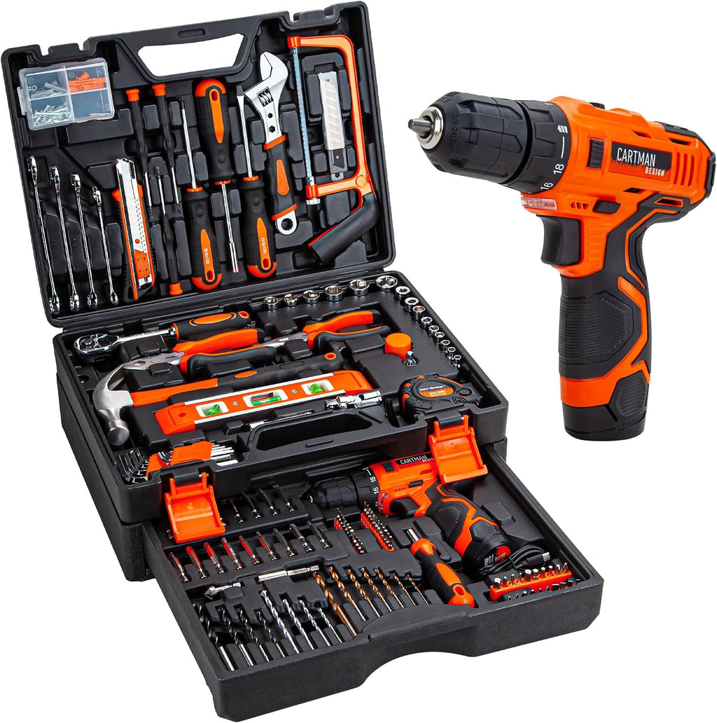 CARTMAN 260-Piece Tool Set With 12V Cordless Drill, Orange Drawer Tool Box
