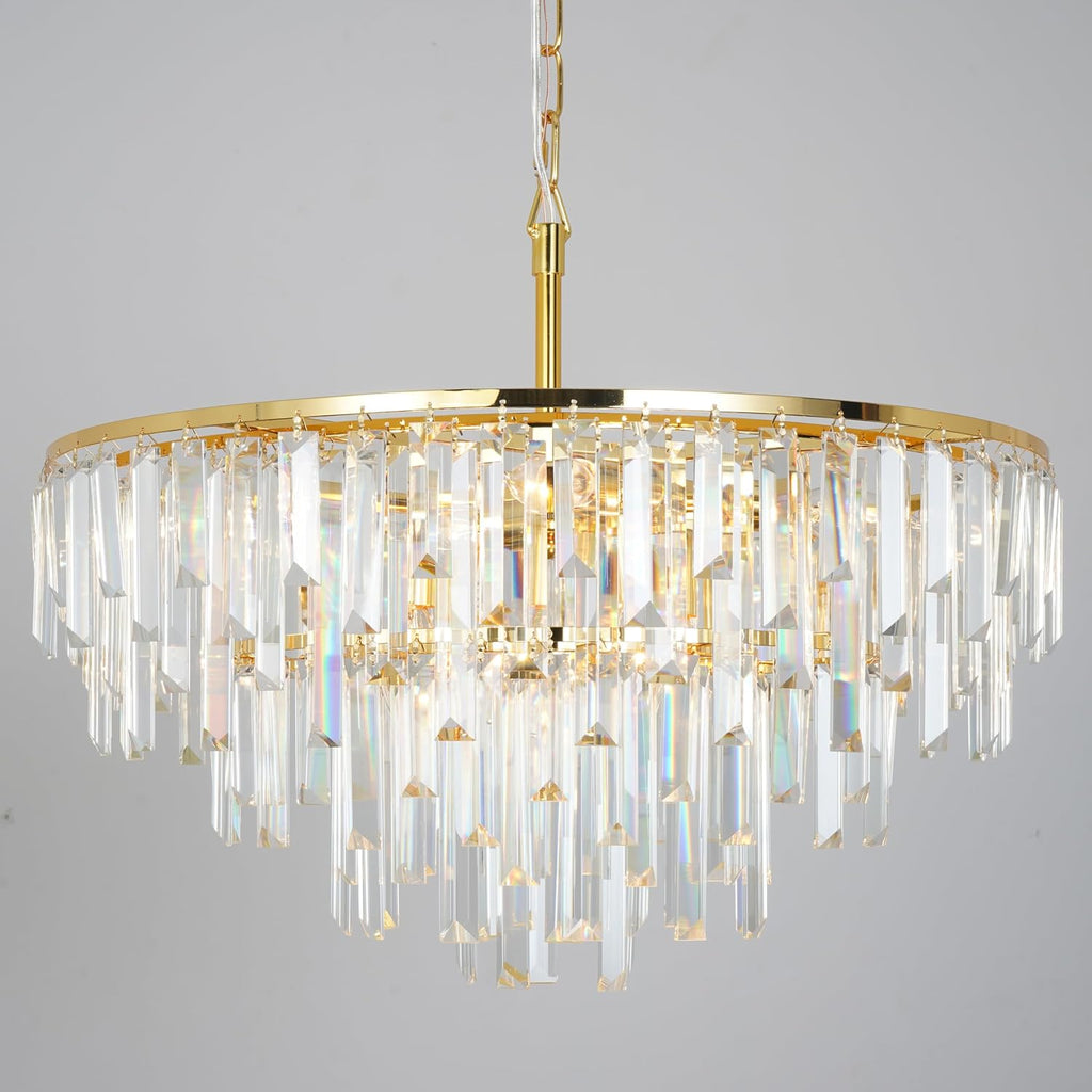 Gold Modern Round Top K9 Crystal Chandelier Lighting Fixture, 8 Lights Round K9 Crystal Adjustable Hanging Lamp for Dining Room Bedroom Living Room,Hallway,Bar,Kitchen W24''