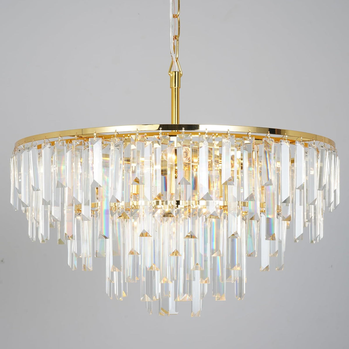 Gold Modern Round Top K9 Crystal Chandelier Lighting Fixture, 8 Lights Round K9 Crystal Adjustable Hanging Lamp for Dining Room Bedroom Living Room,Hallway,Bar,Kitchen W24''